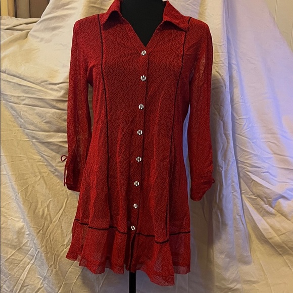 ZOE Red and black Button-Up sheer shirt dress - Picture 2 of 5